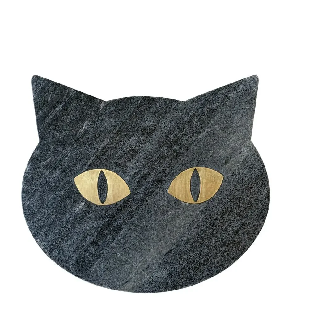 Godinger Black Cat Shaped Marble Serving Board With Brass Inlay 12x10.5 NEW